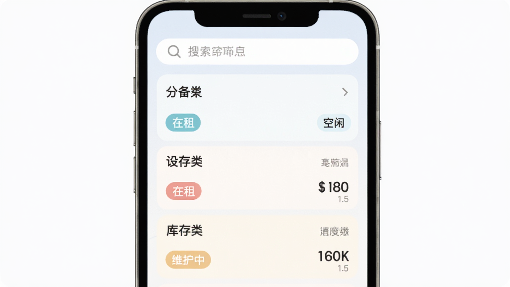 易租云设备库存管理界面,手机屏幕显示设备分类列表和库存数量,有“在租”“空闲”“维护中”三种状态标签,顶部有搜索框,界面风格扁平化,颜色柔和,文字清晰,画质干净,无多余元素