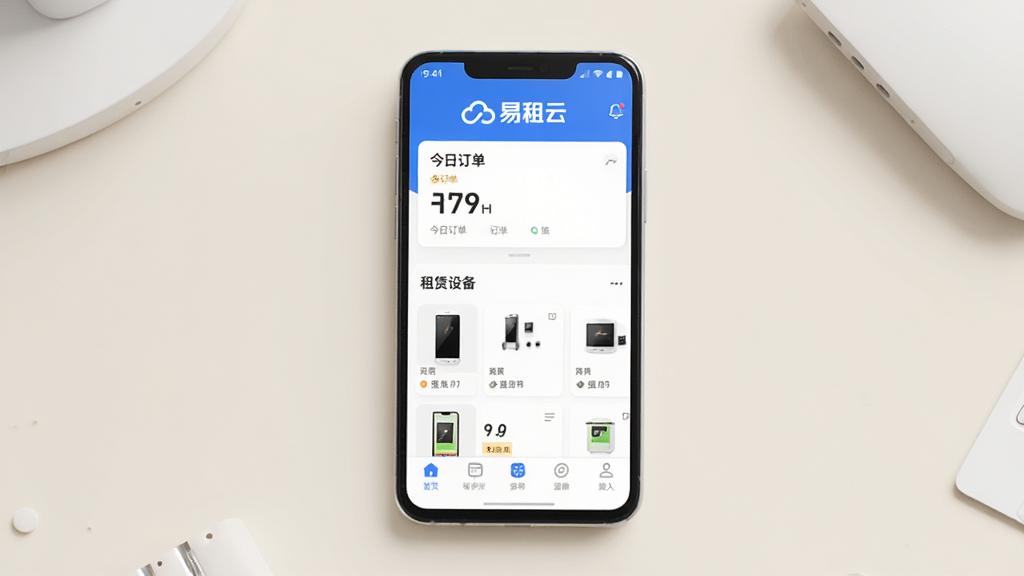 易租云软件主界面展示,画面中央是一部安卓手机,手机屏幕显示易租云应用首页,顶部有“易租云”三个字的Logo,中间是今日订单统计卡片和租赁设备列表,底部导航栏清晰可见,背景是干净的浅色桌面,风格现代简约,细节圆润,画质清晰,无多余元素