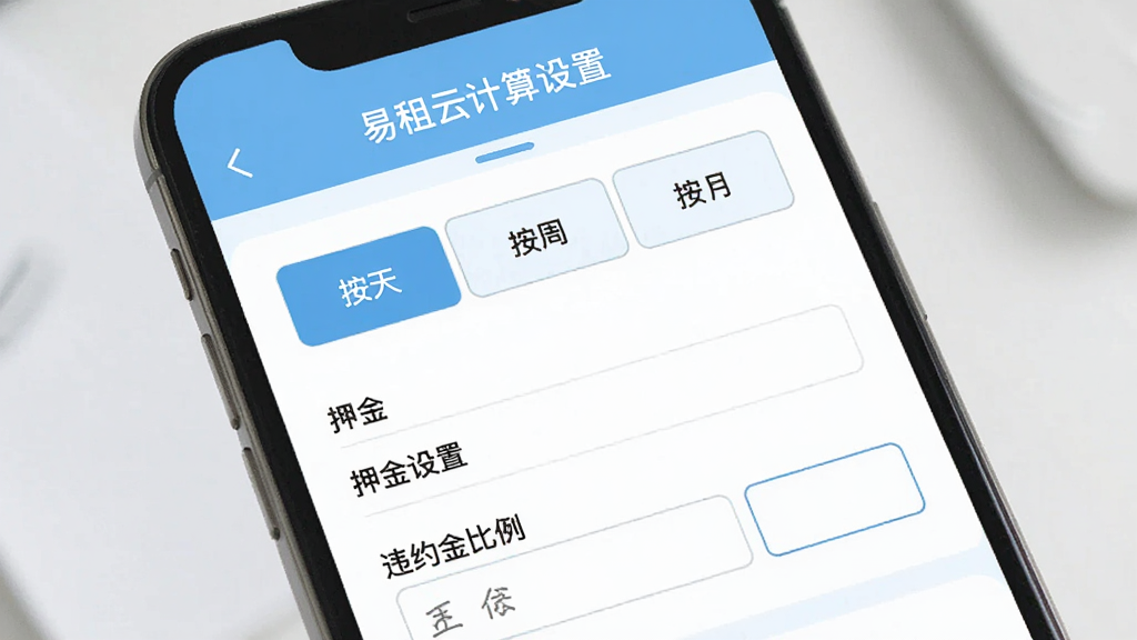 易租云租金计算设置界面,手机屏幕显示计费规则配置页面,有按天、按周、按月三个选项,下方有押金设置和违约金比例输入框,界面布局清晰,配色以浅蓝和白色为主,风格简洁,画质干净,无多余元素