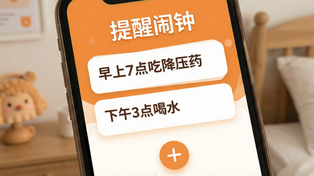 一张展示提醒闹钟App核心界面的图片,画面中央是一部智能手机,屏幕显示提醒闹钟主界面,顶部大字显示“提醒闹钟”,中间有“早上7点吃降压药”“下午3点喝水”等大字体提醒卡片,底部有醒目的加号按钮,整体布局简洁清晰,风格温馨亲切,色调以暖橙色和白色为主,细节圆润,画质干净,无多余元素