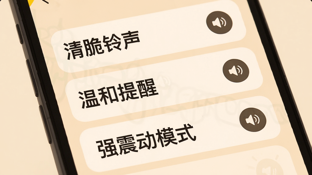 提醒闹钟App的铃声设置界面,手机屏幕显示多种铃声选项列表,包括“清脆铃声”“温和提醒”“强震动模式”等,每个选项旁有试听按钮,界面采用大字体设计,背景为柔和米色,整体风格温暖亲切,画质清晰无多余装饰