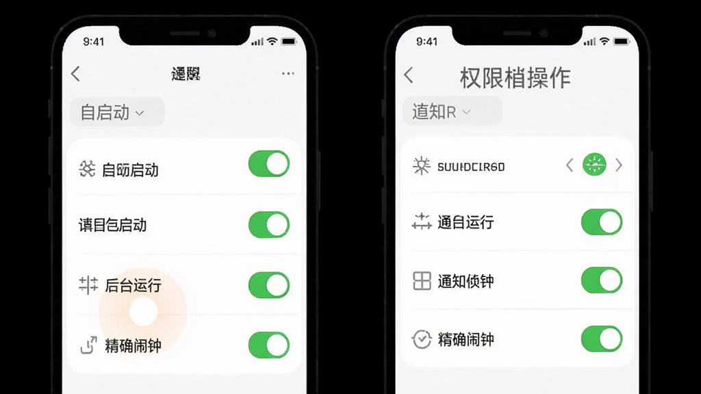 提醒闹钟App权限设置操作示意图,手机屏幕显示应用权限管理页面,自启动、后台运行、通知权限、精确闹钟四项权限均显示为已开启状态,界面采用大字体设计,背景为纯白色,布局清晰直观,画质干净无多余元素
