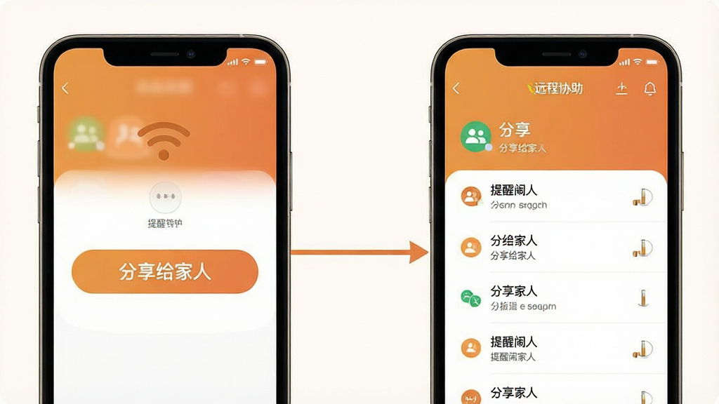 一张展示提醒闹钟App远程协助功能的示意图,画面中一部手机显示“分享给家人”按钮,另一部手机显示已接收的提醒列表,两部手机之间有连接线示意,界面风格统一为暖色调,文字清晰,布局简洁,画质干净无多余元素