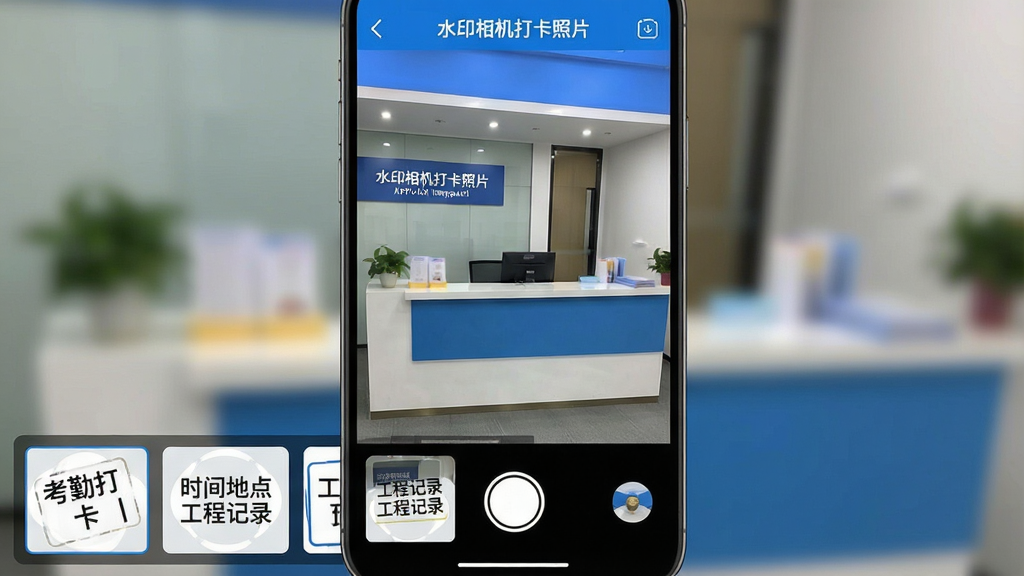 һ���ֻ���Ļ��ͼ��չʾ��ˮӡ�������Ƭ��APP�����������棬��������������ȡ���İ칫��ǰ̨��������Ļ�·���һ��ˮӡģ������ͼ�����������ڴ򿨡�����ʱ��ص㡱�������̼�¼������ʽ������������ɫ��Ϊ����������ִ����������������ʸɾ����޶���Ԫ��