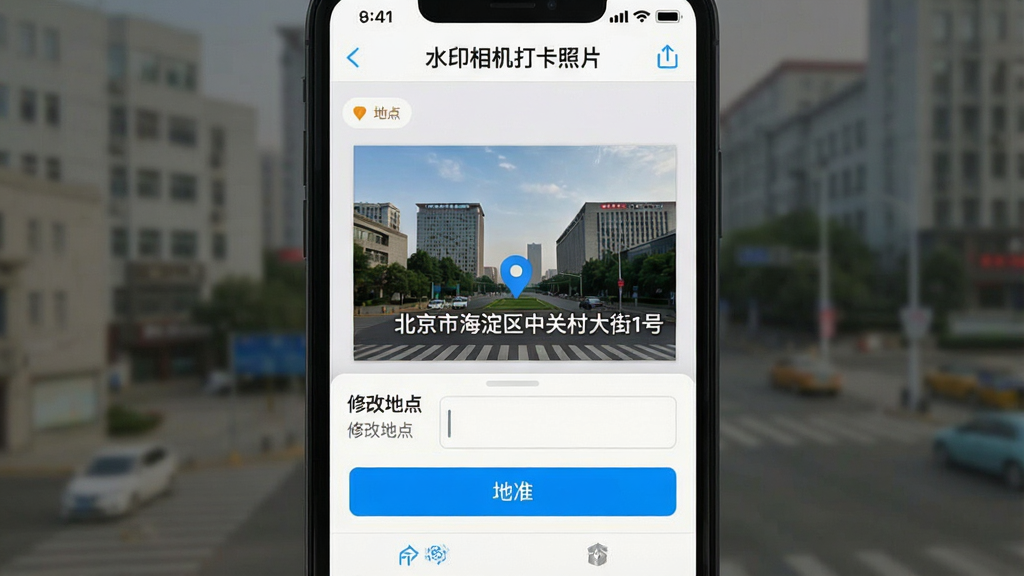 һ���ֻ���Ļ��ͼ��չʾ��ˮӡ�������Ƭ��APP�ĵص�У׼���棬��������һ�Ŵ��еص�ˮӡ����Ƭ��ˮӡ��ʾ�������к������йش���1�š����·�����һ���޸ĵص������򣬽����԰�ɫ����ɫΪ��������ֱ�ۣ����ֱ�ǩ��ȷ�����ʸɾ����޶���Ԫ��