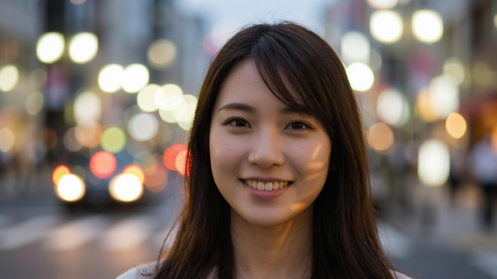 一张利用“人像相机”App拍摄的样张图片,画面主体是一位微笑的年轻女性,背景是城市街道的灯光,呈现出明显的背景虚化效果,人物清晰,光斑圆润,布局以人物为中心,风格写实自然,细节包括发丝边缘和面部光影,画质高清,干净无多余元素