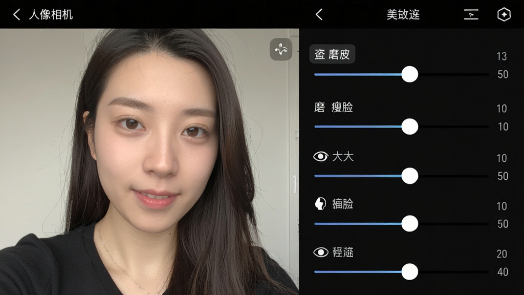 一张手机屏幕截图,展示“人像相机”App的美颜调节界面,屏幕左侧是人物自拍预览,右侧是竖向排列的调节滑块,包括磨皮、瘦脸、大眼等选项,布局清晰,排版简洁,风格科技感,细节包括滑块上的数值刻度和图标,画质清晰,干净无多余元素