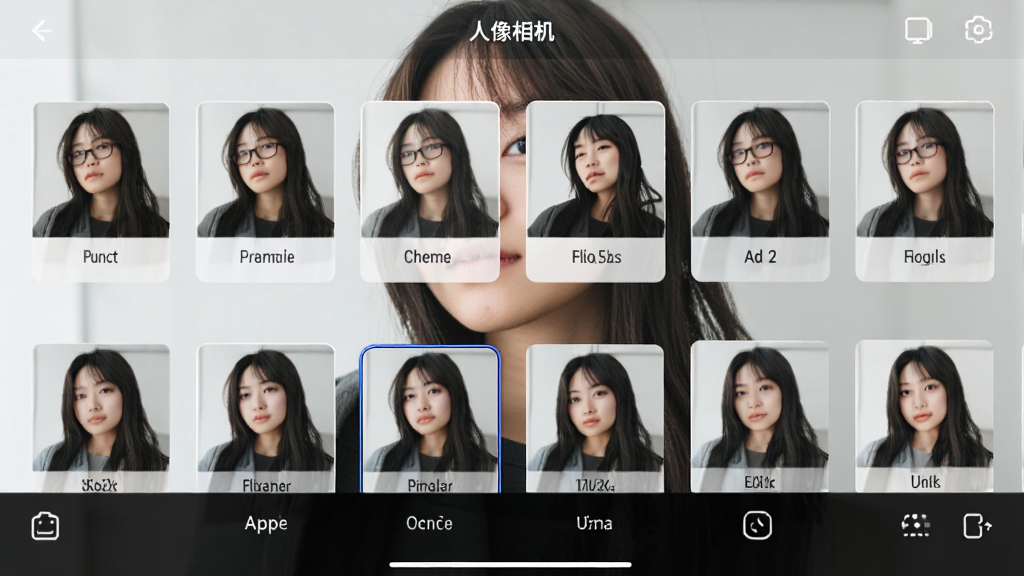 一张展示“人像相机”App滤镜选择界面的图片,画面是横向排列的滤镜缩略图,每个缩略图下方有滤镜名称,背景是人物照片预览,布局为底部横条,排版规整,风格简约,细节包括当前选中的滤镜高亮边框,画质清晰,干净无多余元素