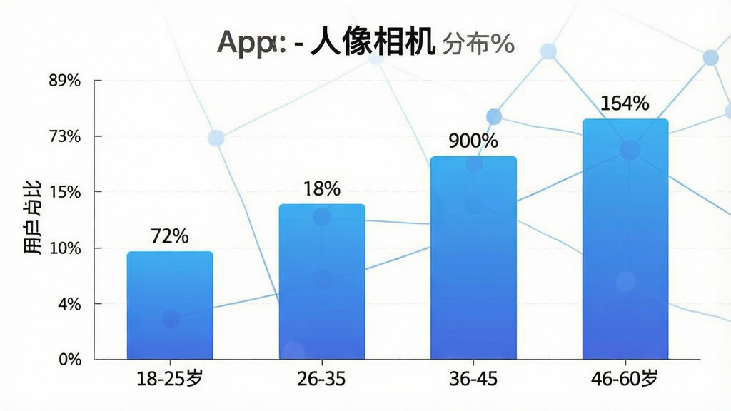 一张展示“人像相机”App用户年龄分布的柱状图,横轴为年龄段18-25岁、26-35岁、36-45岁、46-60岁,纵轴为用户占比百分比,柱状图颜色为渐变的蓝色,布局简洁,排版清晰,风格数据可视化,细节包括每个柱子顶部的百分比数值,画质清晰,干净无多余元素