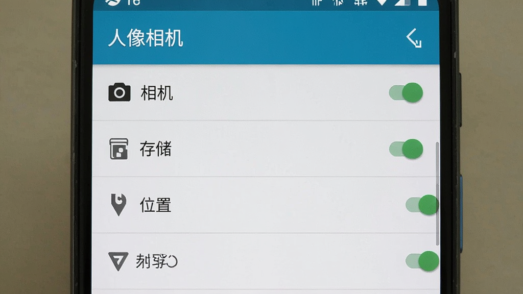一张手机屏幕截图,展示安卓系统的应用权限管理界面,画面中“人像相机”App的权限列表清晰可见,包括相机、存储、位置等选项,布局为纵向列表,排版规整,风格系统原生,细节包括权限开关的绿色和灰色状态,画质清晰,干净无多余元素