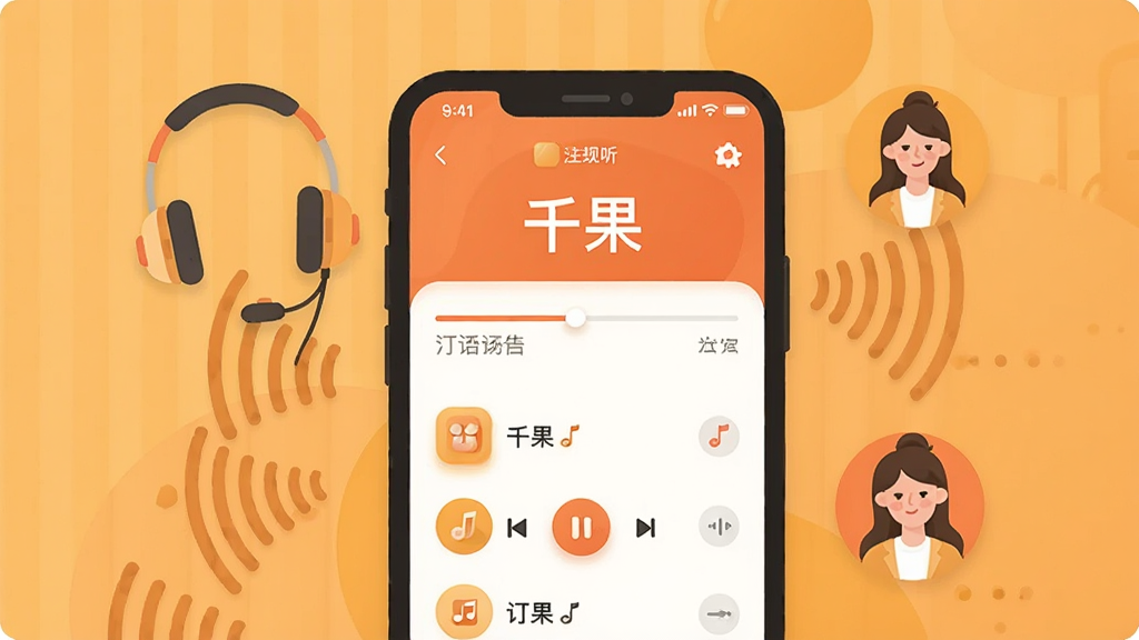 һ��չʾ�������������ı�ƽ���廭������������һ�������ֻ�����Ļ��ʾ��ǧ����App�Ĳ��Ž��棬�н������Ͷ����б����ֻ���Χ�����Ŷ���������ͼ�������ͷ�񣬱�������ů�ĳȻ�ɫ�������ּ����У�����ִ����£�ϸ��Բ�󣬻��ʸɾ��޶���Ԫ��