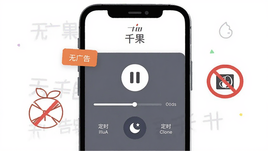 һ��չʾ��ǧ����App���Ž���Ĳ廭�������������ֻ���Ļ�ϵĲ��ſ�����壬�в�����ͣ��ť���������Ͷ�ʱ�رյ�����ͼ�꣬��Ļ��Χ�С��޹�桱�ı�ǩ�ͽ�ֹ���ķ��ţ������ɾ���ɫ������Լ�ִ����Ű���У���������������Ԫ��