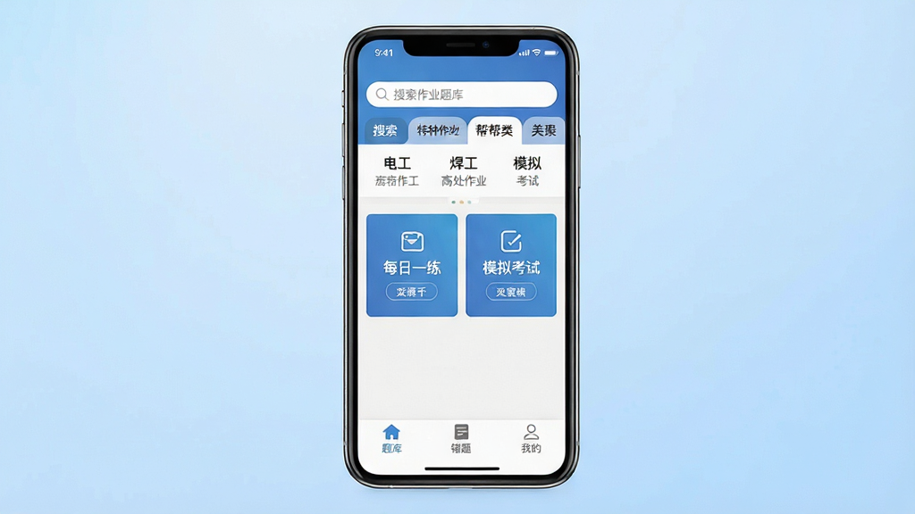 һ��չʾ������ҵ����app���Ľ�����ֻ���Ļ��ͼ�������������ֻ���Ļ����Ļ����ʾ������ҵ�������ҳ��������������Ϳ��Է����ǩ����繤���������ߴ���ҵ�ȣ��м���ÿ��һ����ģ�⿼����ڣ��ײ�����⡢���⡢�ҵ�����������ť������Ϊǳ��ɫ���䣬���������ִ��������������ɾ��޶���Ԫ��