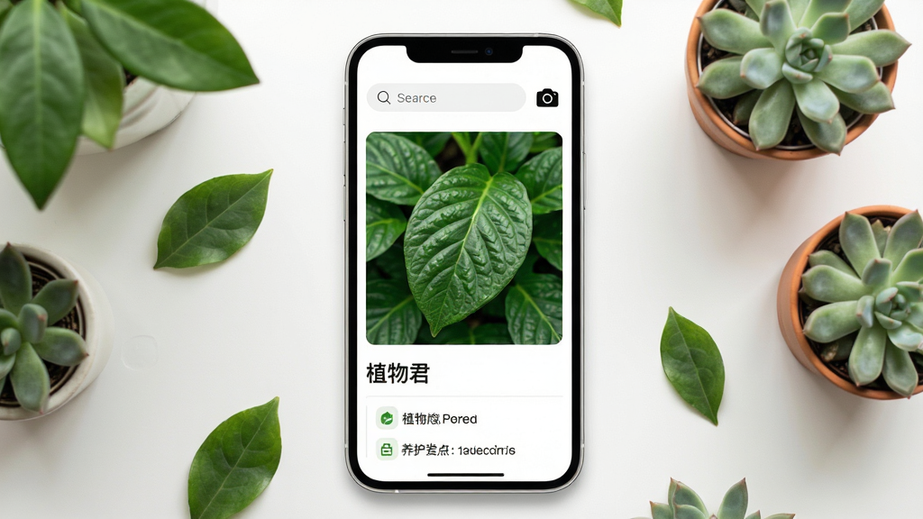 植物君App主界面全貌展示,画面中央是一部智能手机,手机屏幕上显示植物识别结果页面,顶部有搜索框和相机图标,中间是一张绿色植物叶片的高清照片,下方标注植物名称和养护要点,手机周围散落着几片绿叶和多肉植物小盆栽作为装饰点缀,整体布局采用居中构图,风格清新自然,细节上手机边框圆润、界面图标简洁,画质干净清晰,无多余元素