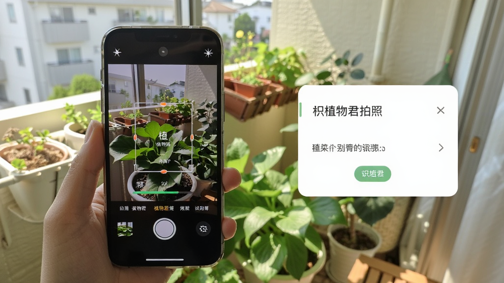 植物君拍照识别功能展示,画面中央是一部手机正在拍摄一盆绿色植物,手机屏幕显示识别进度条和已识别的植物名称,背景是阳台花园场景,有阳光透过窗户洒在植物上,布局上手机位于画面正中偏左,右侧留白处显示识别结果卡片,风格写实生活化,细节上手机界面有相机对焦框、识别按钮和闪光灯图标,画质明亮清晰,无多余元素