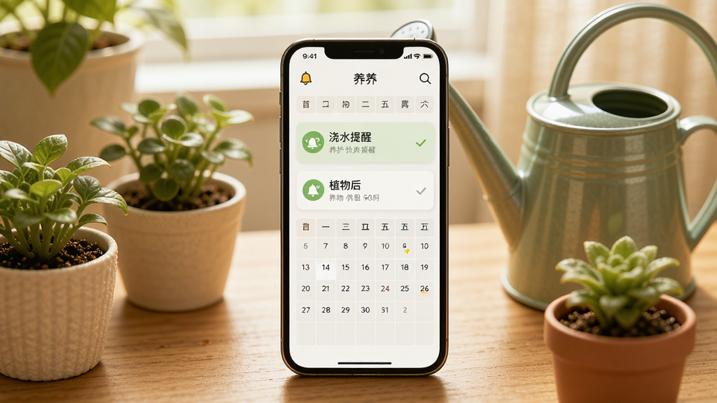 植物君养护提醒功能展示,画面中央是一部手机,屏幕显示养护日历和提醒通知,通知卡片上写着浇水提醒和植物名称,手机旁边放着一个浇水壶和几盆小绿植,布局上手机位于画面中央,周围道具围绕摆放,风格温馨居家,细节上手机界面有日历网格和铃铛图标,画质温暖清晰,无多余元素