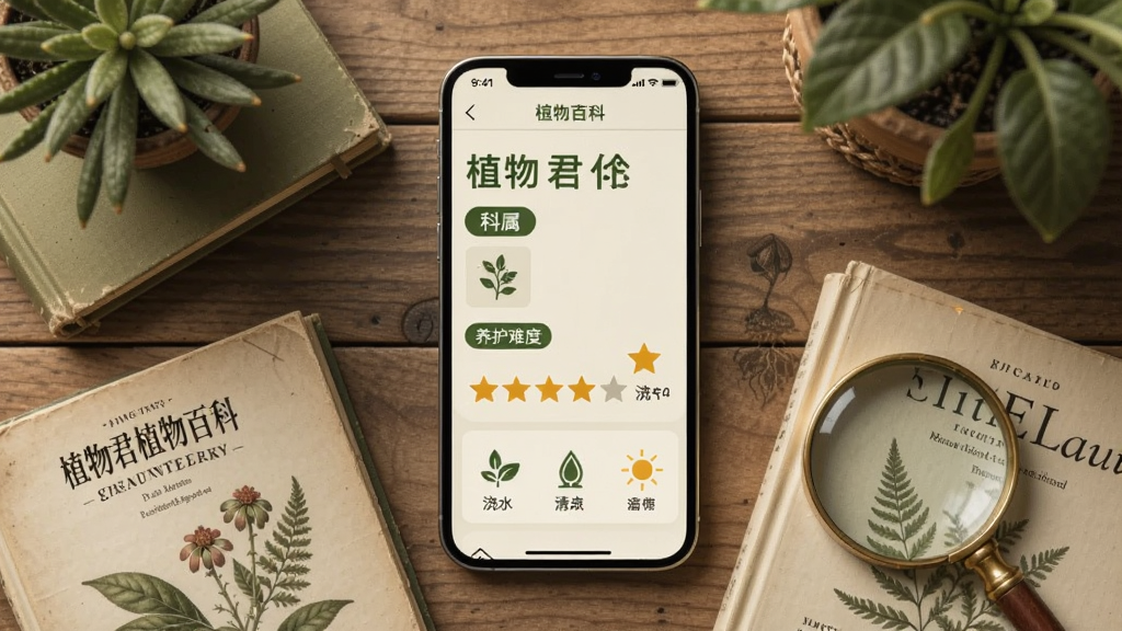 植物君植物百科页面展示,画面中央是一部手机,屏幕显示植物详情页,页面上有植物名称、科属标签、养护难度星级和浇水日照图标,手机下方散落着几本植物图鉴和放大镜道具,布局采用俯视角度,风格复古自然,细节上手机界面文字清晰、图标精致,画质干净柔和,无多余元素