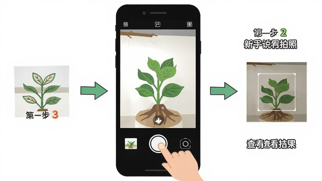 植物君新手使用教程示意图,画面中央是一部手机,屏幕显示拍照识别操作步骤,第一步对准植物、第二步点击拍照、第三步查看结果,手机旁边有箭头指示和文字标注,布局采用横向流程图形式,风格扁平化教学插图,细节上手机界面有手指点击图标和步骤序号,画质简洁清晰,无多余元素
