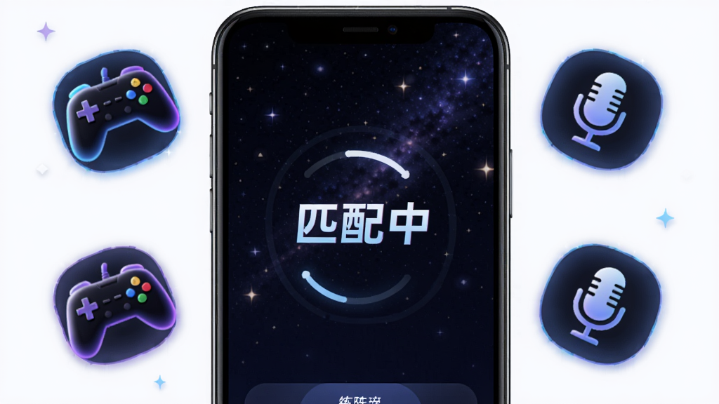 练爱陪玩 匹配界面,手机屏幕显示正在寻找陪玩伙伴的加载动画,周围有游戏手柄和麦克风图标环绕,背景为深色星空,中间有“匹配中”字样,风格科技感十足,画质清晰