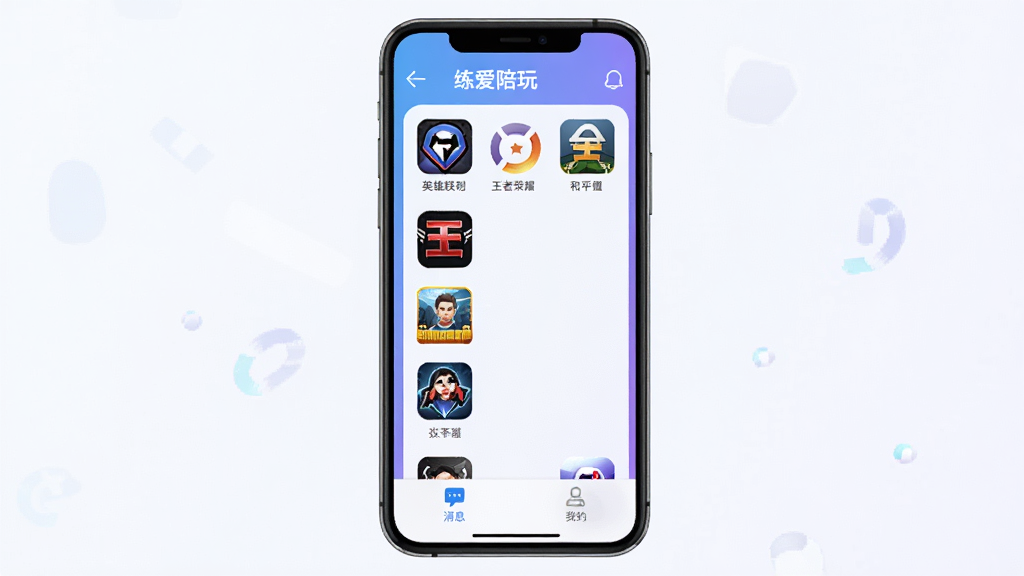 练爱陪玩 软件主界面展示,手机屏幕中央显示游戏陪玩分类列表,包含英雄联盟、王者荣耀、和平精英等图标,底部有消息和我的选项卡,整体风格现代简洁,蓝紫渐变色调,画面干净无多余元素,高清画质