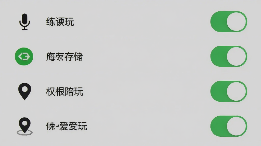 练爱陪玩 设置界面截图,手机屏幕显示权限管理列表,包括麦克风、存储、位置等开关,背景为浅灰色,图标简洁,画质干净无多余元素
