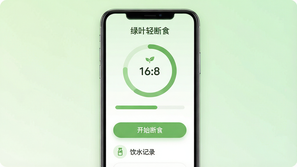 画面中央是一个简约风格的手机应用界面,应用名称为