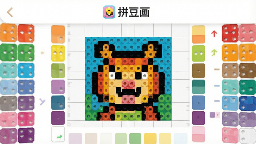 一张展示拼豆画App核心界面的图片,画面中央是色彩鲜艳的像素画创作区域,周围环绕着不同颜色的色块和网格线,界面风格清新简洁,顶部有拼豆画的软件名称标识,整体布局清晰,画质干净明亮,无多余元素