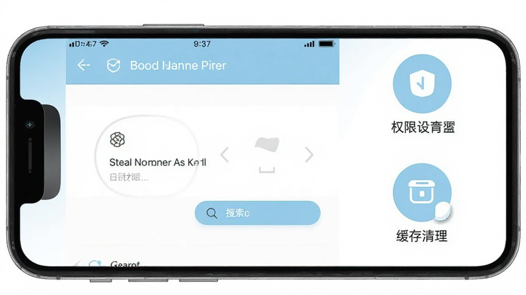 莱康宁医生操作步骤示意图,手机屏幕显示添加胎心仪设备的蓝牙搜索界面,旁边有权限设置和缓存清理的图标,界面以白色和浅蓝色为主,布局清晰,风格简洁,画质干净无多余元素