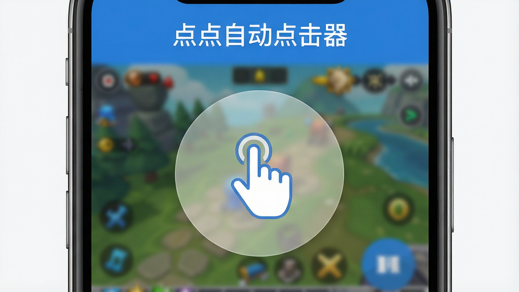 手机屏幕中央展示着一个简洁的自动点击器应用界面,应用名称“点点自动点击器”清晰显示在顶部,界面主体是一个半透明的圆形控制悬浮窗,悬浮窗上有一个手指点击的图标,背景是模糊的手机游戏画面,整体风格现代、扁平化,配色以蓝白为主,细节干净,画质清晰,无多余元素
