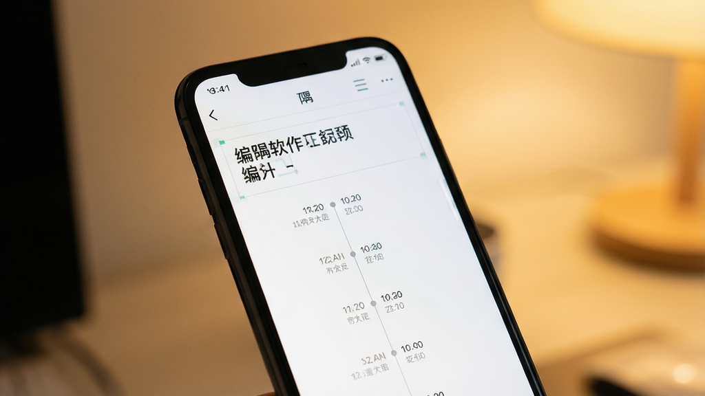一隅 软件 主界面 展示 手机 屏幕 上 显示 着 简洁 的 文字 编辑 界面 和 时间 轴 布局 暖色调 背景 柔和 光线 现代 极简 风格 干净 无多余元素 高画质