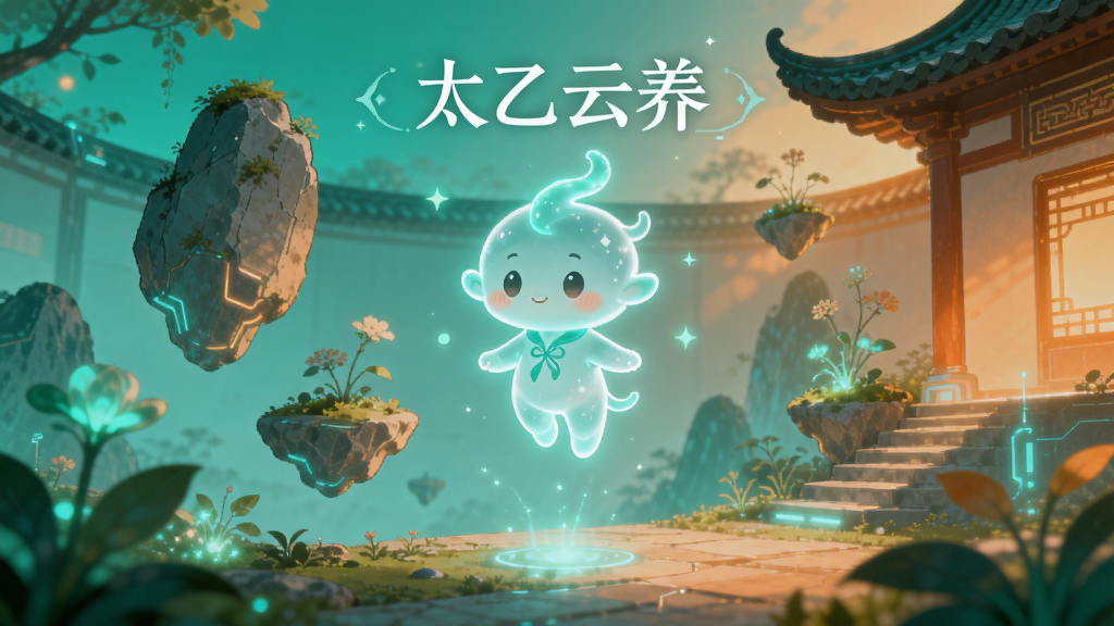 一张手机屏幕截图风格的插画,画面中央是一个可爱的、半透明的发光数字小精灵悬浮在古风科幻风格的庭院中,庭院里有悬浮的山石和发光的植物,整体色调是青绿色与暖橙色渐变,风格是唯美治愈的二次元插画,细节精致,画质干净,无多余元素,画面中悬浮着文字“太乙云养”。