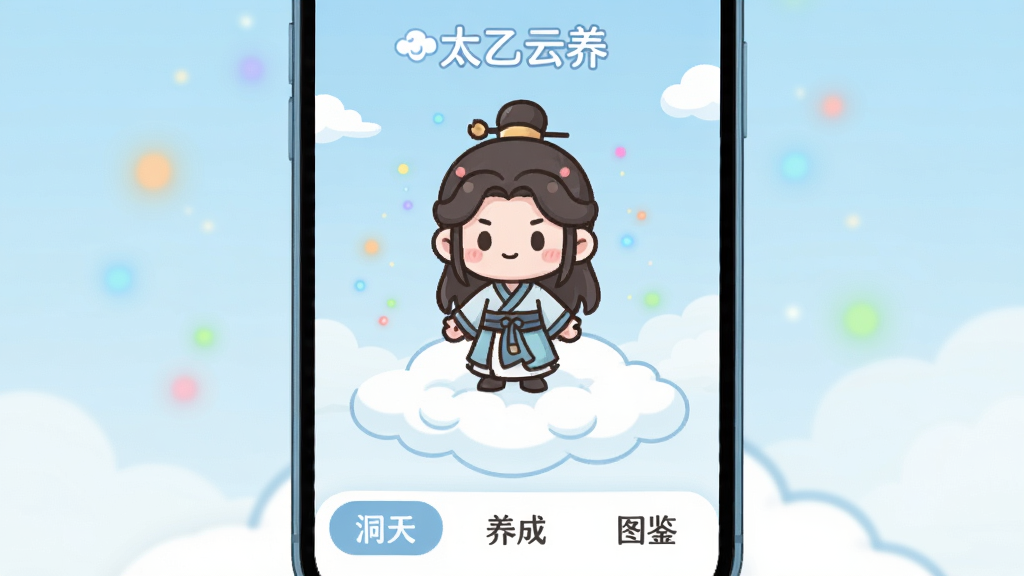 一张手机应用界面的展示图,画面中是一个Q版的古风角色站在一片漂浮的云朵上,周围环绕着各种颜色的小光点,界面底部有“洞天”、“养成”、“图鉴”三个选项卡,整体UI设计简洁圆润,背景是淡蓝色的天空,风格是扁平化卡通,画质干净,无多余元素,画面中央有文字“太乙云养”。