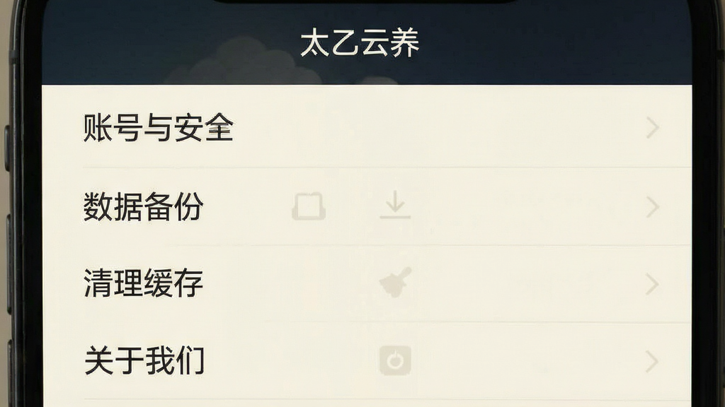 一张手机界面截图,画面中是一个设置菜单列表,列表项包括“账号与安全”、“数据备份”、“清理缓存”、“关于我们”,背景是淡雅的米白色,字体清晰,风格简约,画质干净,无多余元素,顶部有文字“太乙云养”。
