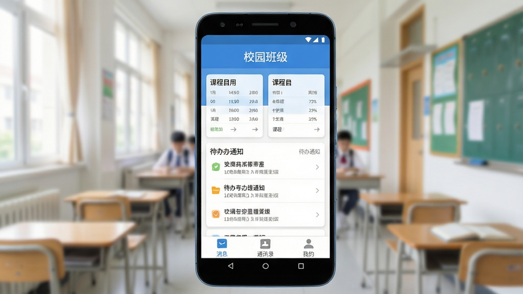 校园班级App主界面全貌展示,画面中央是一部安卓手机,屏幕显示简洁的蓝白色调界面,顶部有“校园班级”文字标识,中间区域是课程表卡片和待办通知列表,底部是消息、通讯录、我的三个标签栏,界面干净无广告弹窗,背景是虚化的教室走廊场景,风格现代扁平化,细节清晰,画质干净明亮,无多余元素