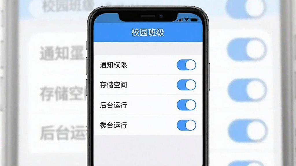 校园班级App设置界面截图,画面展示手机屏幕上的设置菜单,有“通知权限”“存储空间”“后台运行”等选项开关,顶部有“校园班级”文字,界面风格简洁,白色背景搭配蓝色开关按钮,画质清晰干净,无多余元素