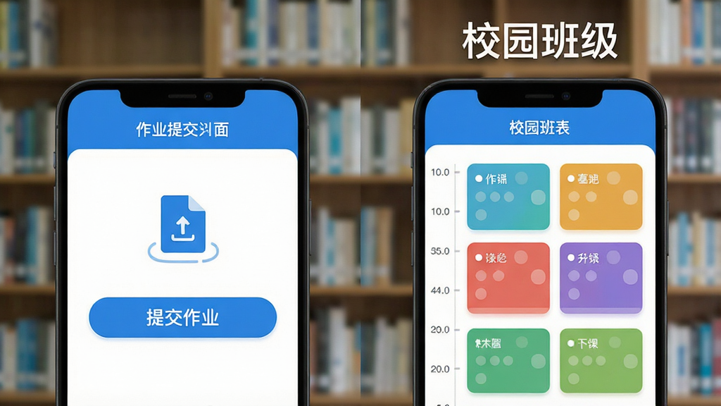 校园班级App功能展示图,画面分为左右两部分,左侧展示作业提交界面,有“提交作业”按钮和文件上传图标,右侧展示课表界面,有彩色课程卡片和时间轴,顶部有“校园班级”文字,整体风格清新简洁,以蓝色和白色为主,背景是模糊的图书馆书架,画质干净清晰,无多余装饰元素