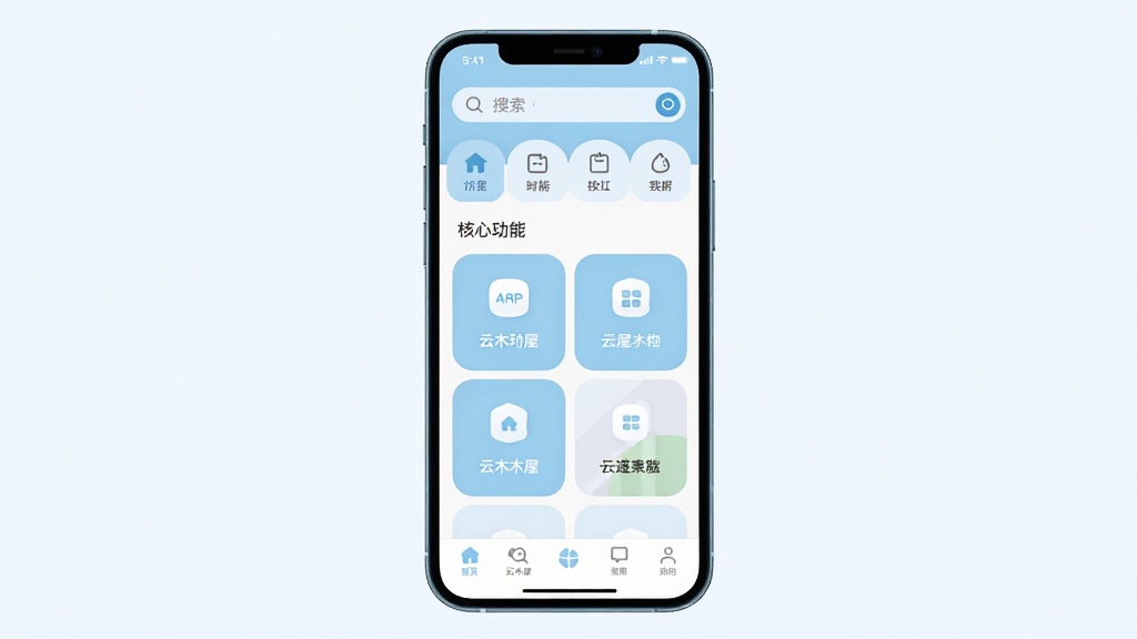 云木屋应用主界面全貌展示,画面中央是手机屏幕,屏幕内显示云木屋APP的首页布局,顶部有搜索框和功能分类图标,中部是核心功能卡片展示区,底部为导航栏,整体以浅蓝色和白色为主色调,风格简洁清爽,扁平化设计,图标圆润,画质清晰干净,无多余元素