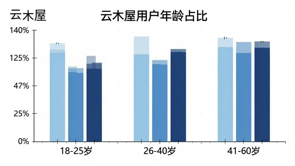 云木屋用户年龄分布柱状图,图表标题为“云木屋用户年龄占比”,横轴为年龄段18-25岁、26-40岁、41-60岁,纵轴为百分比,柱状图颜色分别为浅蓝、中蓝、深蓝,背景为白色,图表清晰,带有“云木屋”文字标识,画质干净无多余元素