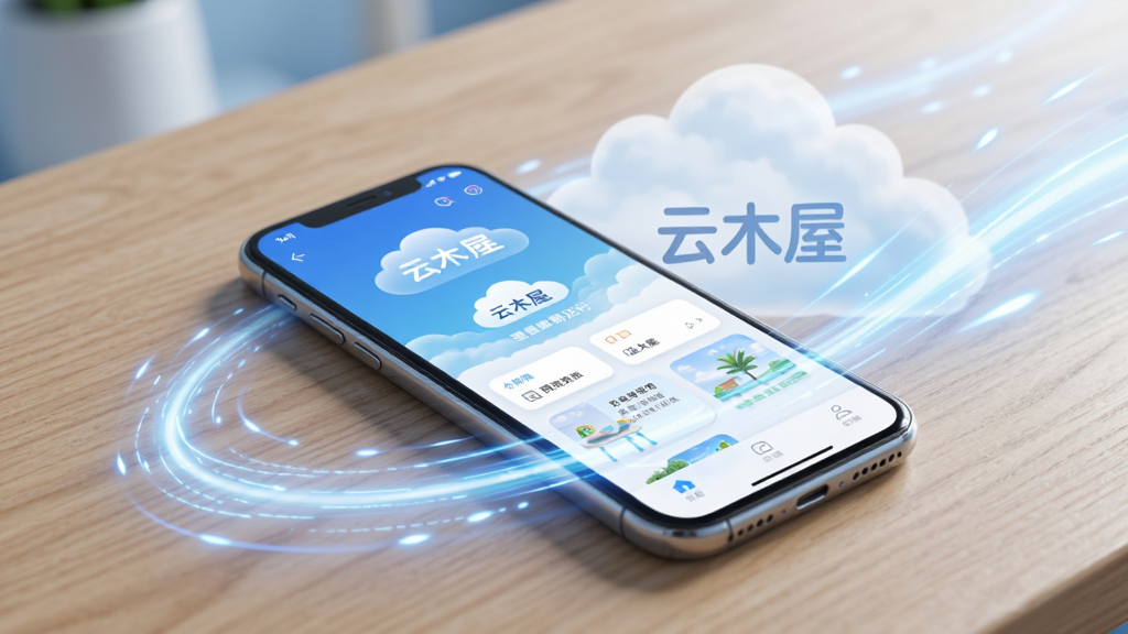 云木屋轻量流畅运行概念图,一部手机放置在桌面上,屏幕显示云木屋界面,周围环绕着代表速度的线条和光效,手机后方有淡淡的云朵图案,整体风格科技感与清新感结合,色调以蓝白为主,画质清晰,画面干净无多余元素,带有“云木屋”字样