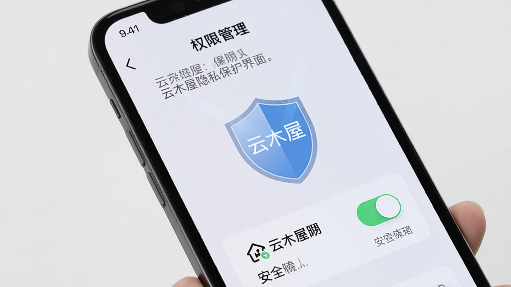 云木屋隐私保护界面展示,手机屏幕显示权限管理页面,上面有清晰的开关按钮和说明文字,背景为浅灰色,画面中央有一个盾牌图标,盾牌上有“云木屋”文字,风格简洁安全,画质干净,无多余装饰元素