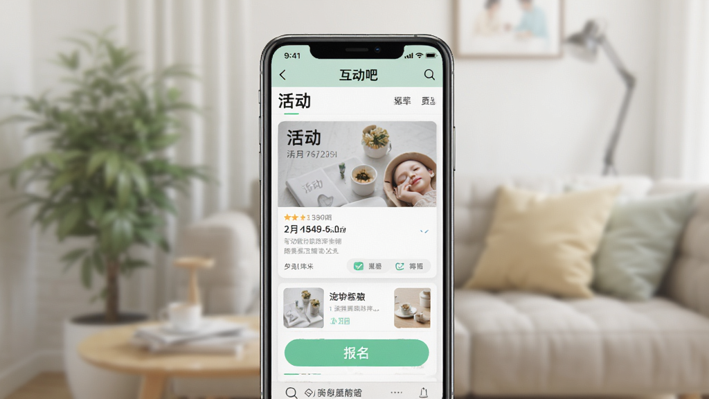 一张展示“互动吧”App核心界面的手机屏幕截图,手机居中放置,屏幕内显示活动列表和报名按钮,背景是柔和的生活场景虚化,整体风格清新现代,画质干净无多余元素