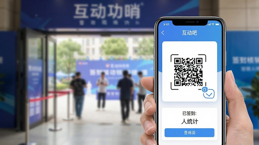 一张展示“互动吧”App签到核销功能的手机界面图,屏幕上显示扫码框和已签到人数统计,背景是活动现场入口的虚化场景,风格真实明亮,画质干净无多余元素