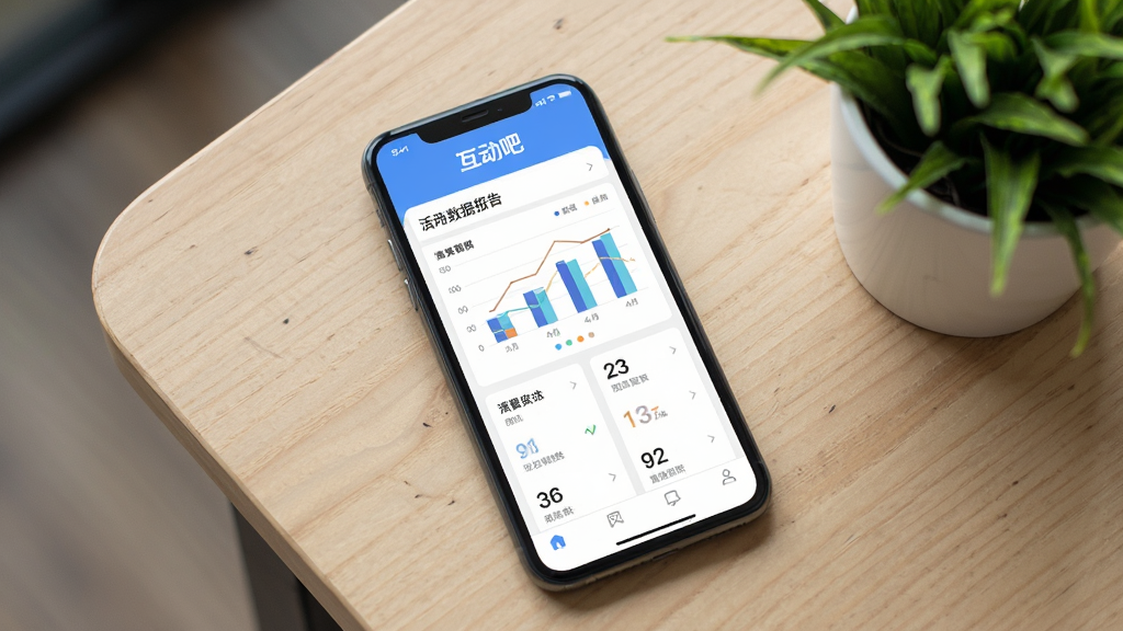 一张展示“互动吧”App活动数据报告页面的手机界面图,屏幕上有图表和统计数字,手机放在木质桌面上,旁边有绿植,风格商务简约,画质清晰干净