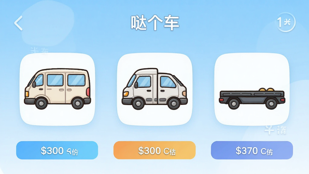 一张“哒个车”App的车型选择界面,画面中并排展示面包车、小货车和平板车的卡通图标,下方有价格预估条,背景是浅蓝色渐变,布局清晰,风格简约现代,画质干净无多余元素