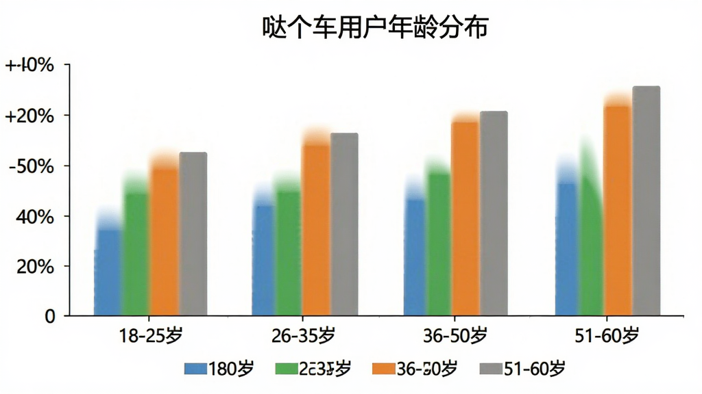 一张柱状图,标题为“哒个车用户年龄分布”,横轴标注18-25岁、26-35岁、36-50岁、51-60岁,纵轴标注百分比,柱子颜色分别为蓝色、绿色、橙色和灰色,图表下方有图例说明,背景白色,风格简洁,画质干净无多余元素