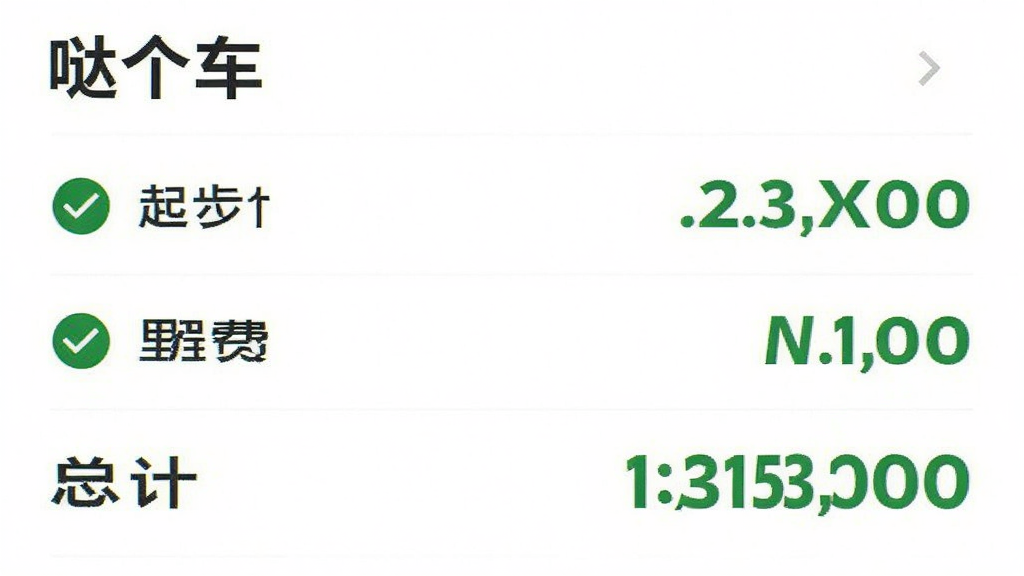 一张“哒个车”App的订单费用明细截图,画面中间是清晰的费用列表,包含起步价、里程费和总计金额,数字用绿色加粗显示,周围有对勾图标表示无隐藏收费,背景白色,风格简洁,画质干净无多余元素