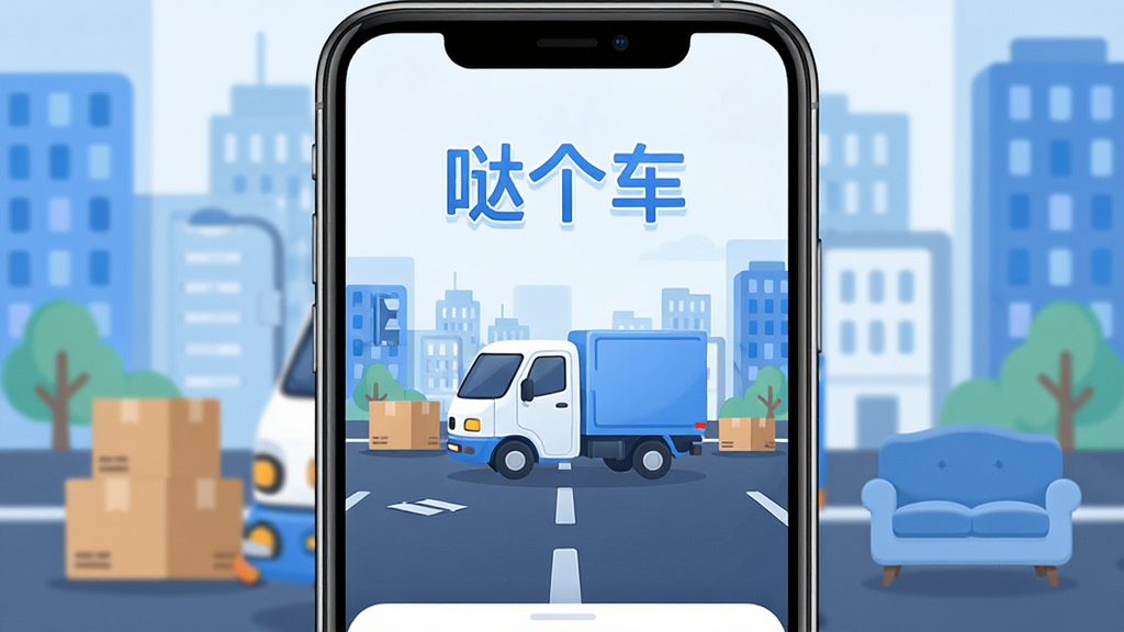 一张手机屏幕展示界面,屏幕中央是“哒个车”App的主页,背景是城市道路和一辆小型货车,周围环绕着搬家纸箱和家具图标,布局简洁,现代扁平风格,色调以蓝色和白色为主,细节圆润,画质干净,无多余元素