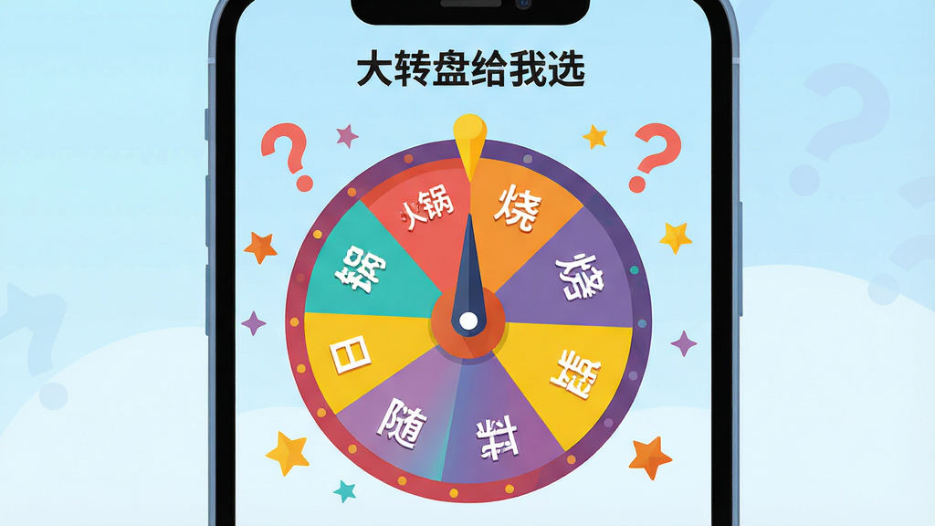 一个色彩明快、扁平化风格的手机应用界面插画,画面中央是一个巨大的彩色转盘,转盘被均匀分成多个扇形,每个扇形里写着不同的文字选项如“火锅”“烧烤”“日料”“随便”,转盘指针指向其中一个选项,转盘周围散落着几个问号和星星装饰,背景是柔和的渐变浅蓝色,画面主体是手机屏幕,屏幕内展示“大转盘给我选”的App主界面,顶部有“大转盘给我选”文字标题,整体风格轻松活泼,画质干净清晰,无多余元素