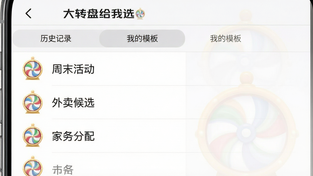 手机屏幕显示“大转盘给我选”App的历史记录与模板页面,画面中是一列整齐的列表项,每项左侧有一个小转盘图标,右侧显示模板名称如“周末活动”“外卖候选”“家务分配”,列表上方有“历史记录”和“我的模板”两个标签页切换按钮,界面风格清爽,顶部有“大转盘给我选”文字,画质清晰,无多余元素