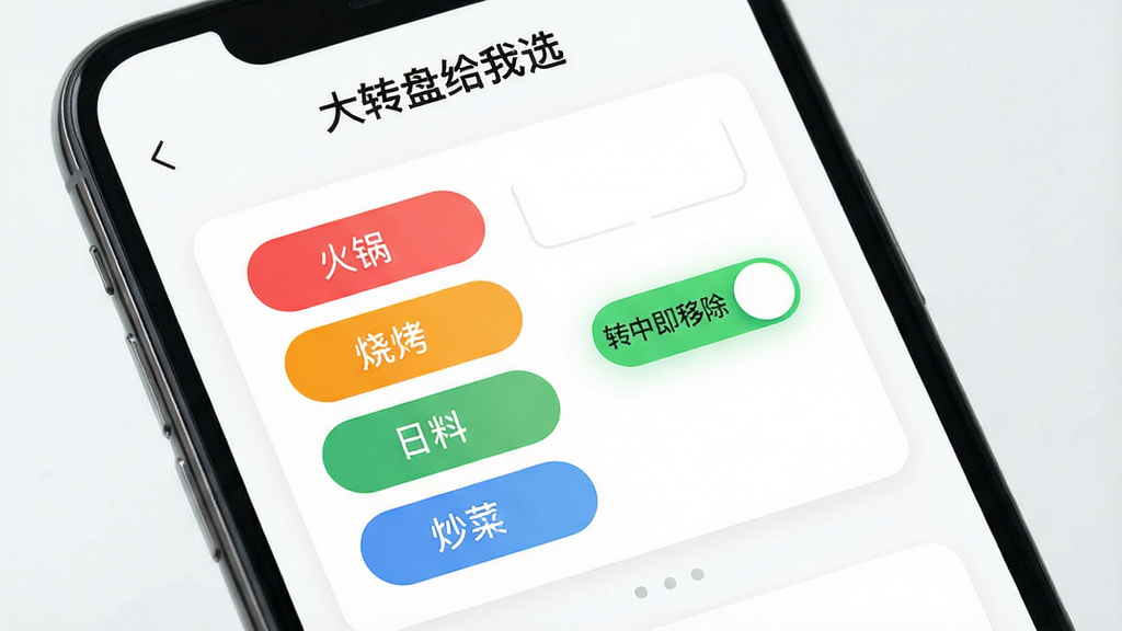 手机屏幕特写,展示“大转盘给我选”App的选项编辑界面,画面中有多个彩色标签式输入框,分别写着“火锅”“烧烤”“日料”“炒菜”,旁边有一个高亮的开关按钮显示“转中即移除”已开启,界面背景为干净的白色卡片式设计,顶部有“大转盘给我选”字样,整体风格简洁现代,画质清晰明亮,无多余元素